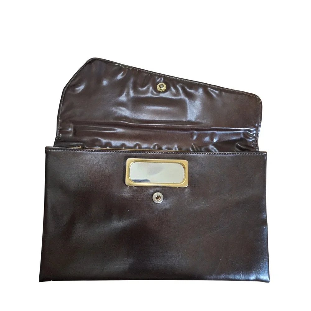 Vintage Art Deco Dark Brown Faux Leather Envelope Clutch Bag with Mirror Accent